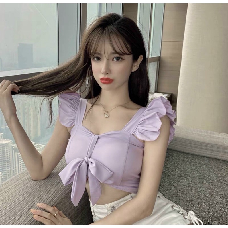Áo cổ vuông cột nơ tay bèo có mút ngực