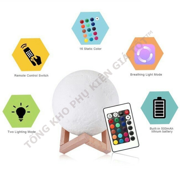 Đèn ngủ mặt trăng Moonlight 3D; đủ màu size 10cm, 12cm, 15cm, 18cm, 20cm có điều khiển, tặng đế gỗ, dây sạc