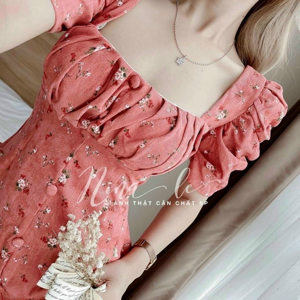 Đầm hoa vintage ngực xếp ly đính nút bọc dáng xoè xinh xắn