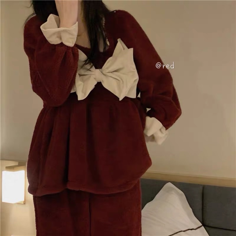 Bộ ngủ bông nơ đỏ lông mịn sang chảnh điệu đà phù hợp ở nhà và đi chơi#15