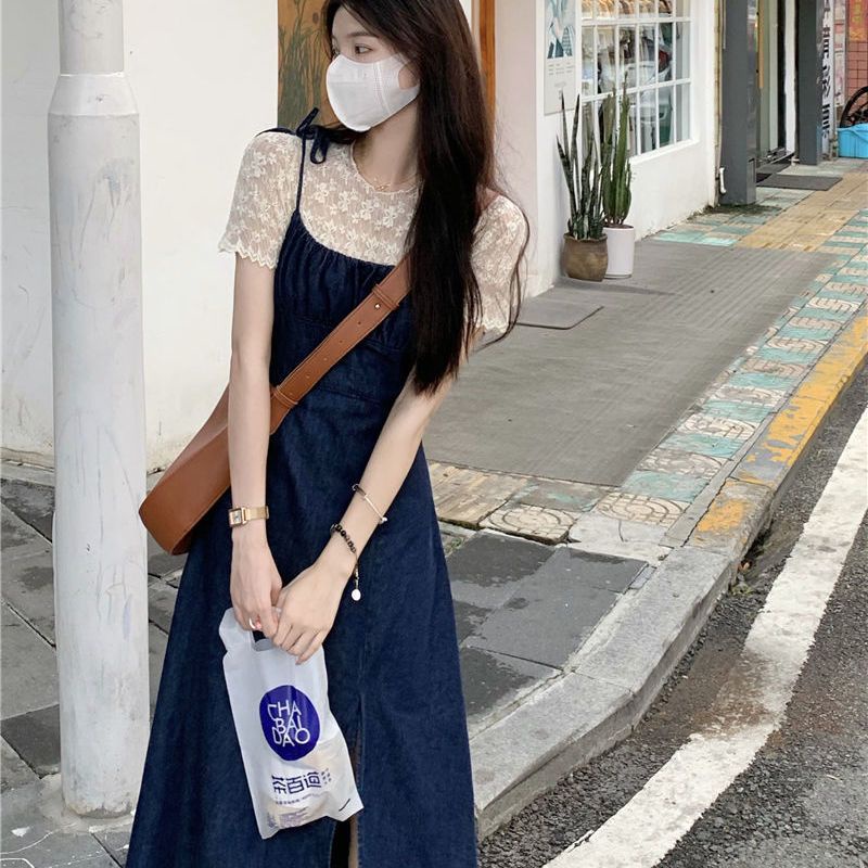 Váy yếm jean, bò dáng chữ A dài phong cách Hàn taobao order