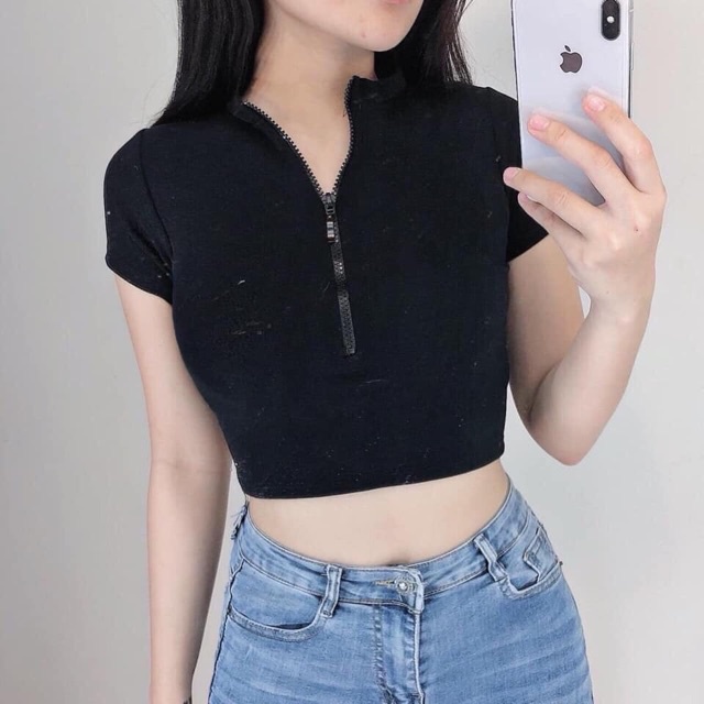 Áo croptop dây kéo tay ngắn chất thun trơn borip xịn | Áo kiểu - AK0030 | steven.factory