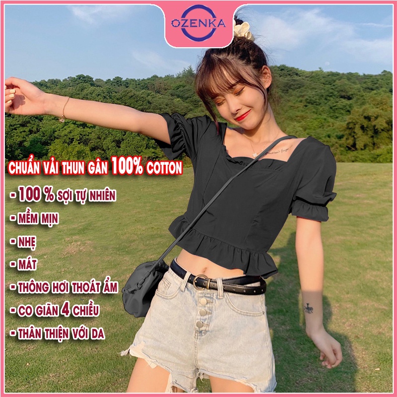 Áo croptop nữ rộng kiểu Hàn Quốc tay phồng  viền bánh bèo OZENKA chất thun gân 100% cotton  màu đen trắng dưới 50 kg