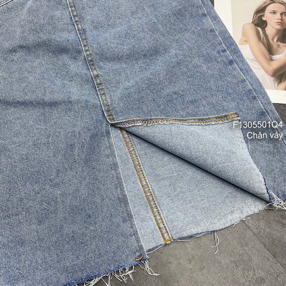 Chân váy jean có túi xẻ tà trước lưng cao dáng dài