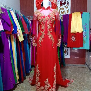 Bộ áo dài cô dâu kèm mấn