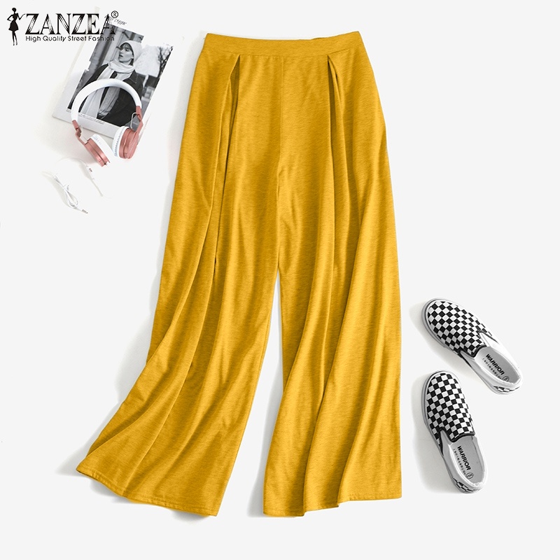 Quần ZANZEA ống rộng lưng cao màu trơn hợp thời trang cho nữ