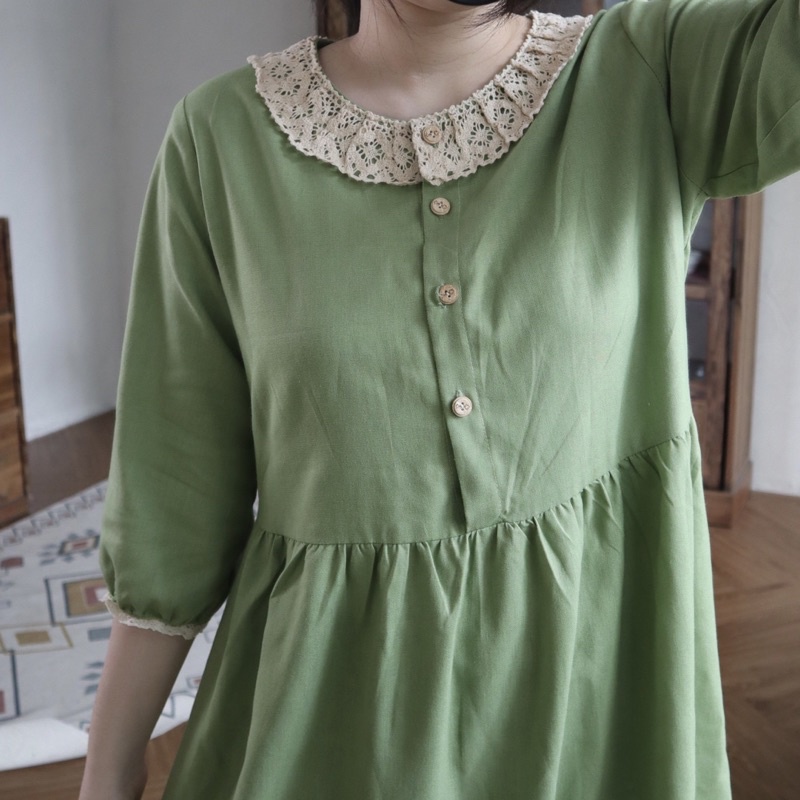 Lá Xoè | Đầm linen cổ phối ren cotton bánh bèo siu xinh