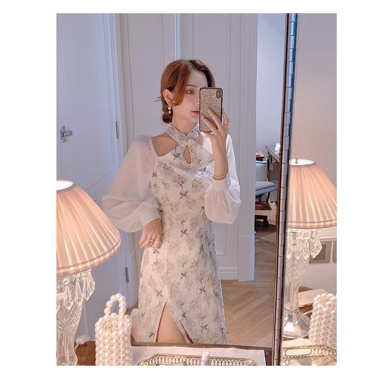 Đầm sườn xám cách tân dáng dài hở vai xẻ tà kiểu retro quyến rũ dành cho nữ