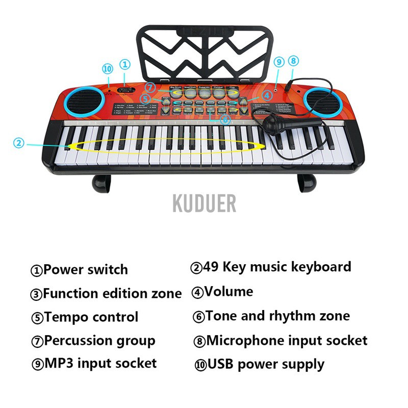 Digital Music Piano Keyboard 49 Key-Portable Electronic Musical Instrument w/Mic