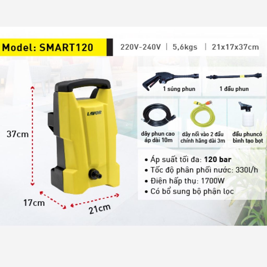 Máy phun rửa áp lực nước Lavor SMART120, động cơ chổi than đã bao gồm dây cấp nước, Bảo hành chính hãng 1 năm