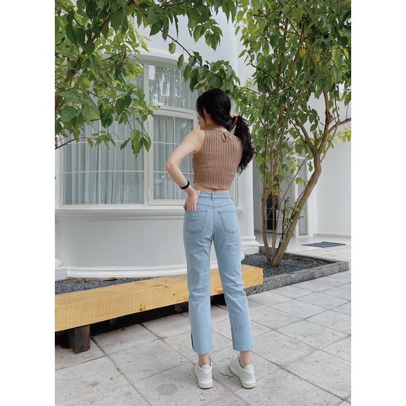 Quần jean nữ ống suông lật lai cao cấp LUCETFASHION
