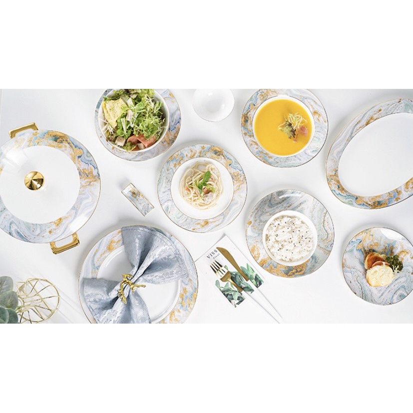 Bộ bát và đĩa phong cách Bắc Âu sang trọng, viền vàng,ăn tiệc cao cấp, để salad, ăn chính