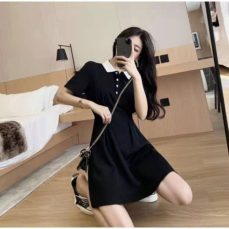 Đầm Perty cổ polo thắt eo màu trơn phong cách Hàn Quốc thời trang hè cho nữ