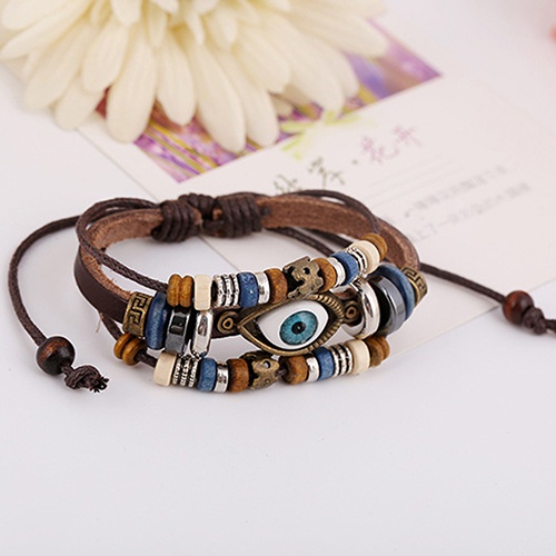 Vòng Đeo Tay Dây Da Giả Mặt Hình Mắt Người Thổ Nhĩ Kỳ Độc Đáo