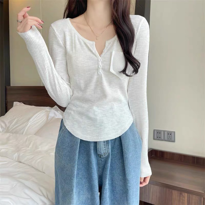 Áo thun tay dài Maika chất liệu thun co dãn bốn chiều có túi ngực ôm body tôn dáng, phụ kiện thời trang Yuna