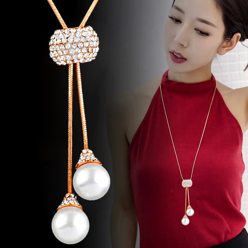 Vòng cổ SINLEERY MY340 mặt hạt ngọc trai màu vàng/ bạc đính pha lê thời trang cho nữ