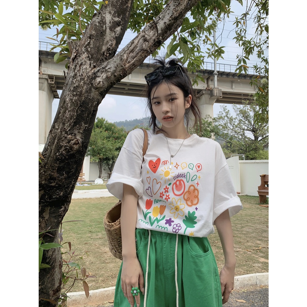 Áo Thun Ngắn Tay Cổ Tròn In Họa Tiết Hoạt Hình graffiti Phong Cách Hàn Quốc Dễ Phối Đồ Thời Trang Mùa Hè Cho Nữ