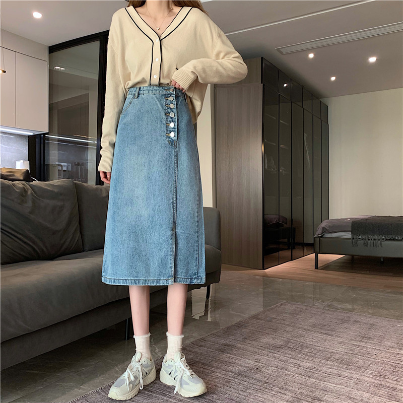 Chân Váy Denim Lưng Cao Dáng Chữ A Phong Cách Hàn Quốc