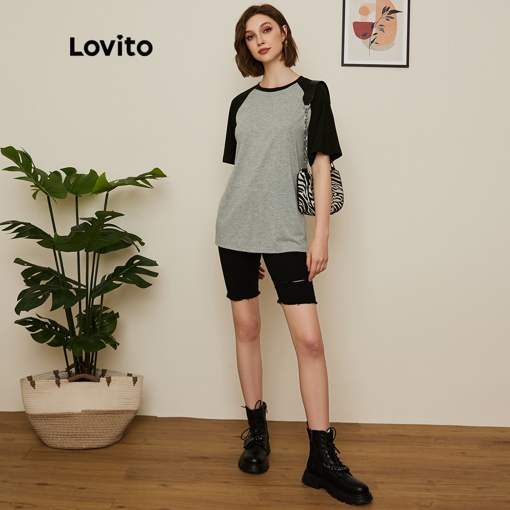 Áo thun Lovito tay raglan dáng ngắn ghép nối màu sắc màu trơn phong cách Preppy L19D019 (màu xám)