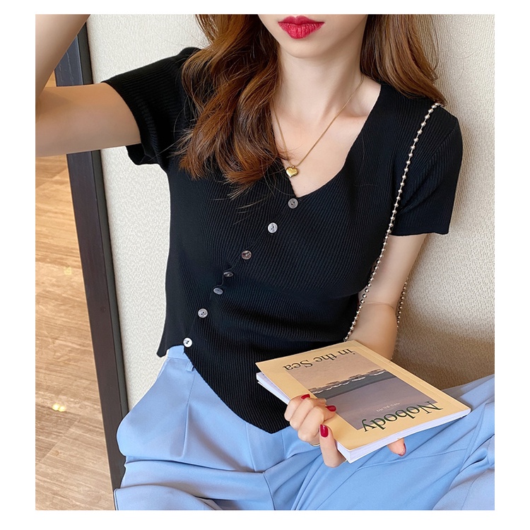 DUNEA Áo Thun Tay Ngắn Cổ Chữ V Thiết Kế Không Đồng Đều Quyến Rũ Thời Trang Cho Nữ