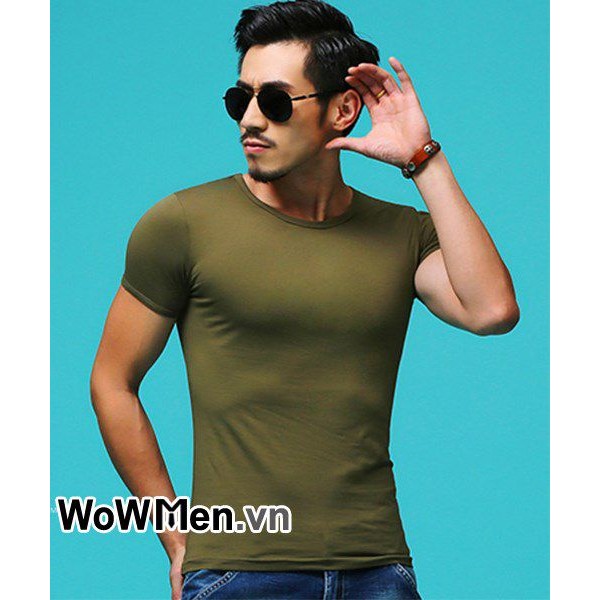 Áo Thun Nam Ngắn Tay Trơn Body Xanh Rêu Cổ Tròn