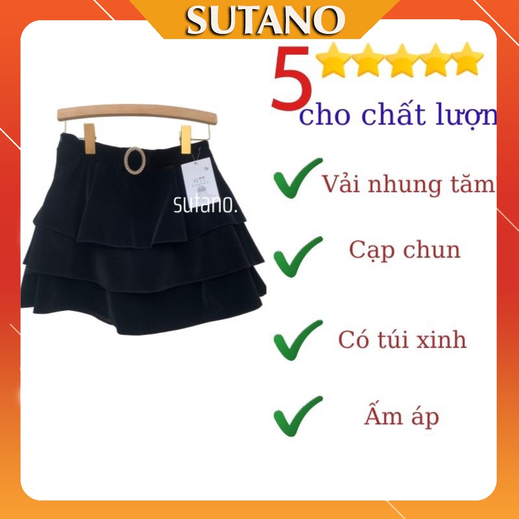 Chân váy nữ ngắn 3 tầng nhung cao cấp kèm mặt khuy đá sang trọng-váy thu đông CV471 SUTANO | BigBuy360 - bigbuy360.vn