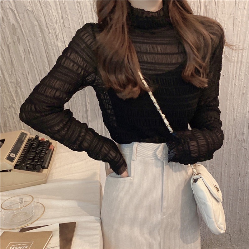 IELGY Áo Thun Mỏng Tay Dài Cổ Cao Phong Cách Hàn Quốc Cho Nữ