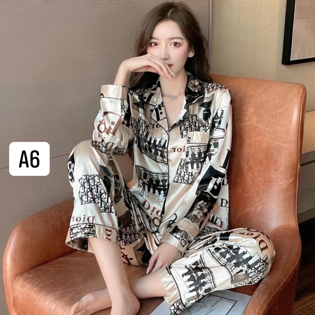 Đồ bộ nữ pijama lụa dài tay satin cao cấp mặc nhà mềm mịn thoải mái hàng Quảng Châu A1A8