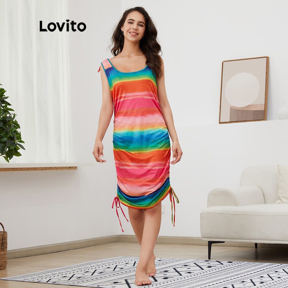 624 DELIST VN Đầm không tay Lovito cổ tròn họa tiết nhuộm loang phối dây rút đơn giản thời trang L03006 (Nhiều màu)