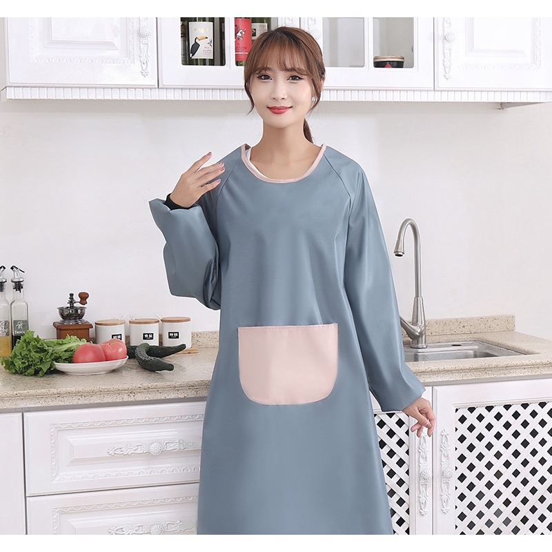 Tạp Dề Nhà Bếp Dài Tay Có Túi Phong Cách Hàn Quốc