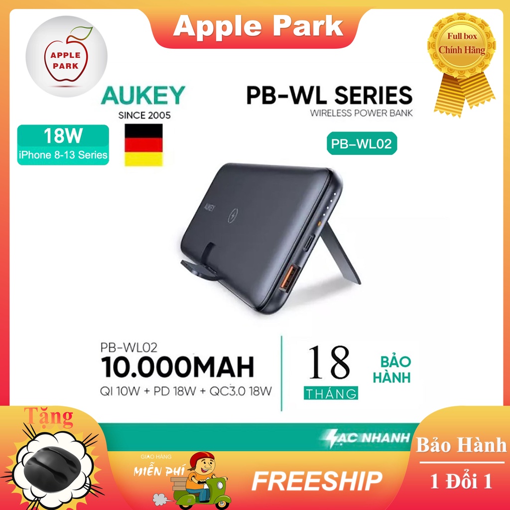 Sạc dự phòng không dây Aukey PB-WL02 10000mAh PB-WL03 20000mAh, Sạc Nhanh iPhone PD 18W,QC 3.0,Sạc Không Dây 5W 7.5W 10W