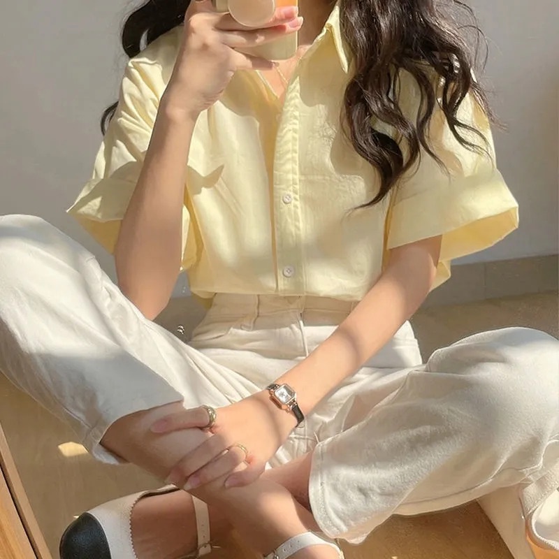 Áo Sơ Mi Ngắn Tay Màu Vàng Nhạt Thiết Kế Mới Thời Trang Mùa Hè Theo Phong Cách Pháp Cho Nữ