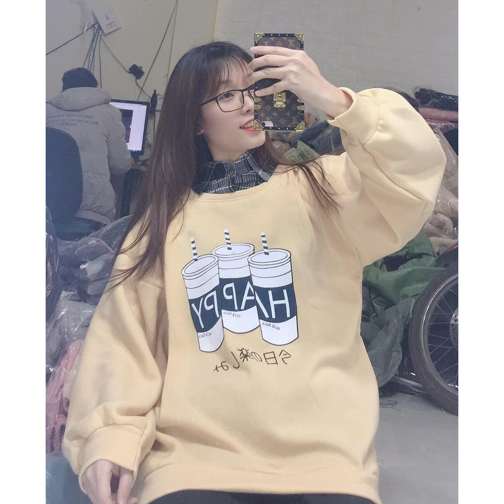 Áo Sweater nỉ bông phối cổ sơ mi - in hình ly trà sữa🤞 Áo nỉ nữ form rộng Freesize có ảnh thật