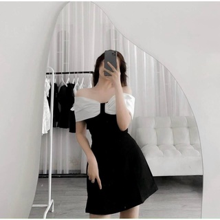 Đầm bẹt vai phối màu nơ ngực kc1403