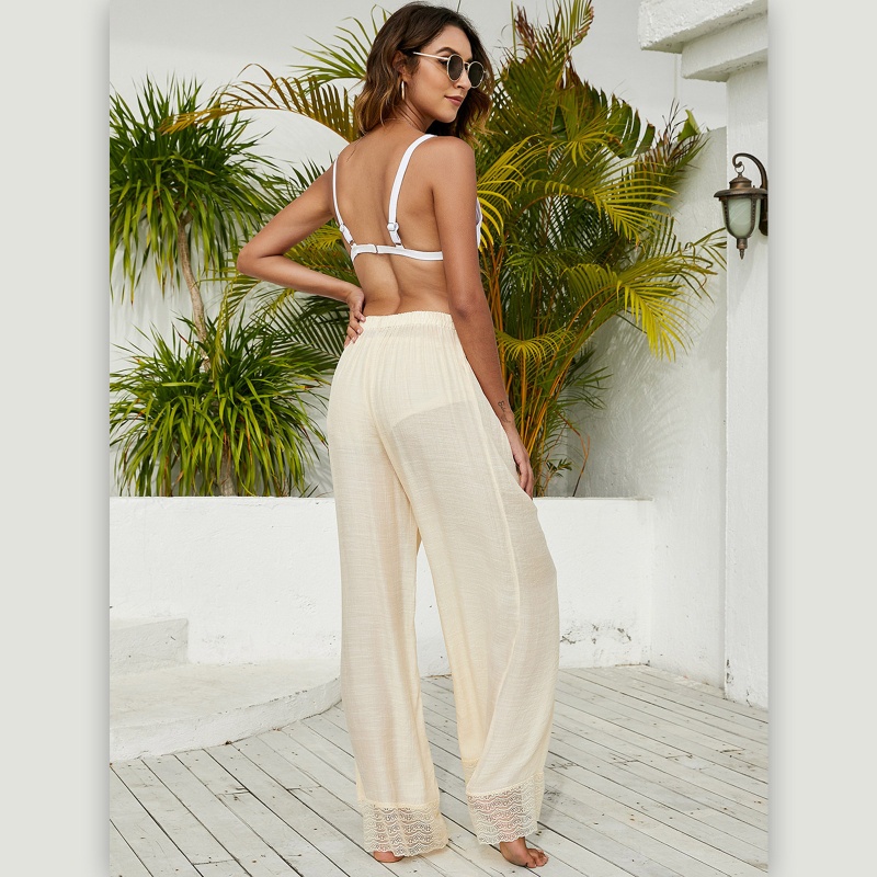 Brroa Quần Ngủ Cotton Lanh Ống Rộng Phối Ren Lưng Cao Xuyên Thấu Cho Nữ