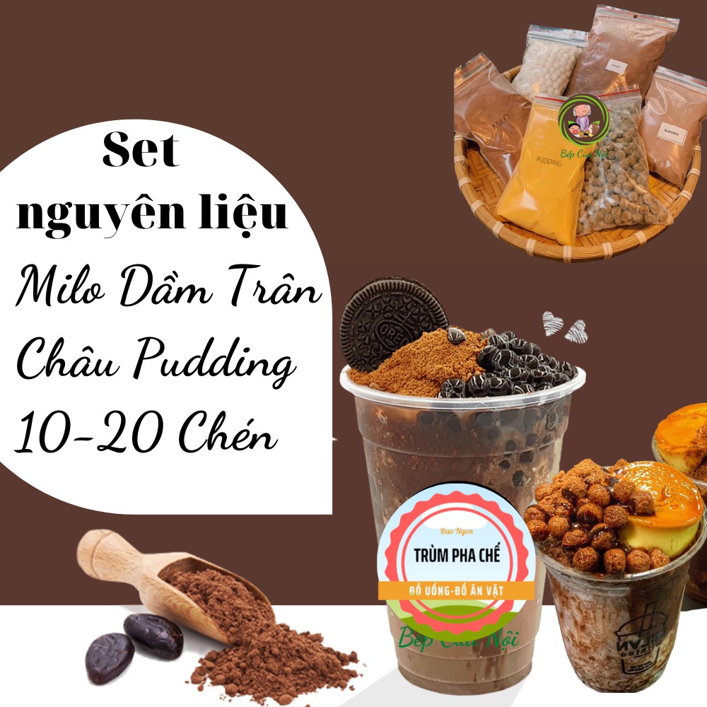 💖BAO NGON💖 Set Milo Dầm Trân Châu Pudding 10-20 Chén + Công Thức Dễ Làm Thành Công 100%, Set Milo Cacao Dầm Siêu Ngon