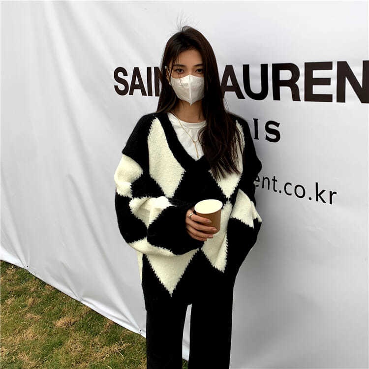 Áo sweater dệt kim dày cổ chữ v dáng rộng tay dài phong cách Hàn Quốc thời trang mùa thu mới 2021