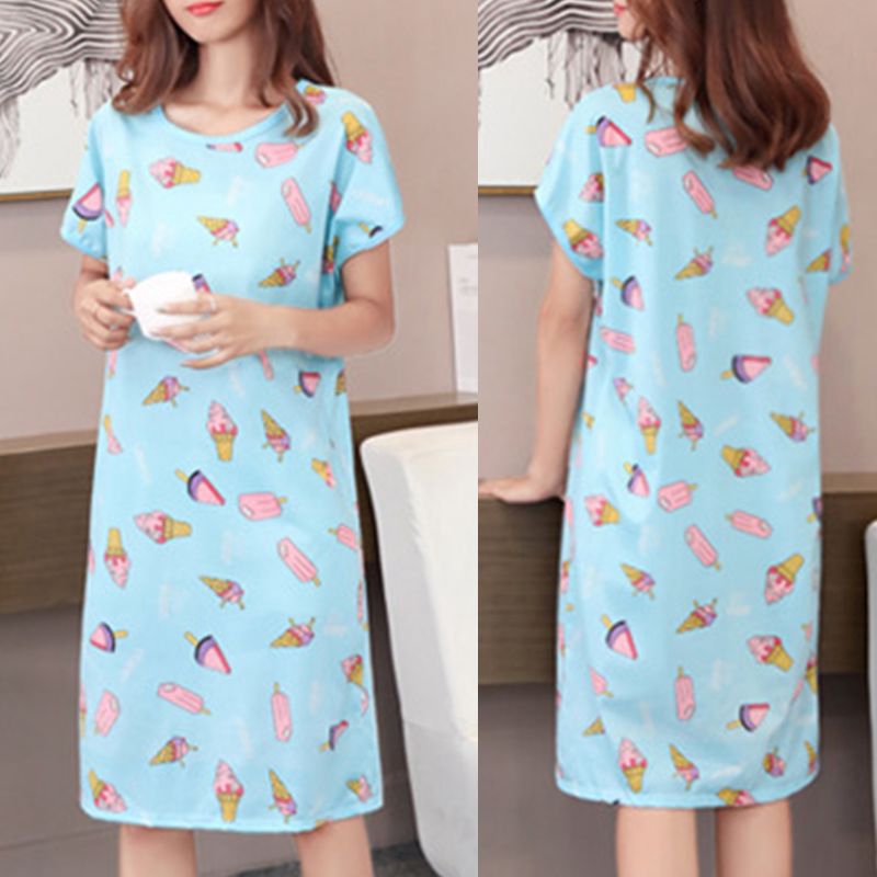 Đầm Ngủ Ngắn Tay Kẻ Sọc In Hình Que Kem Đáng Yêu Cho Nữ