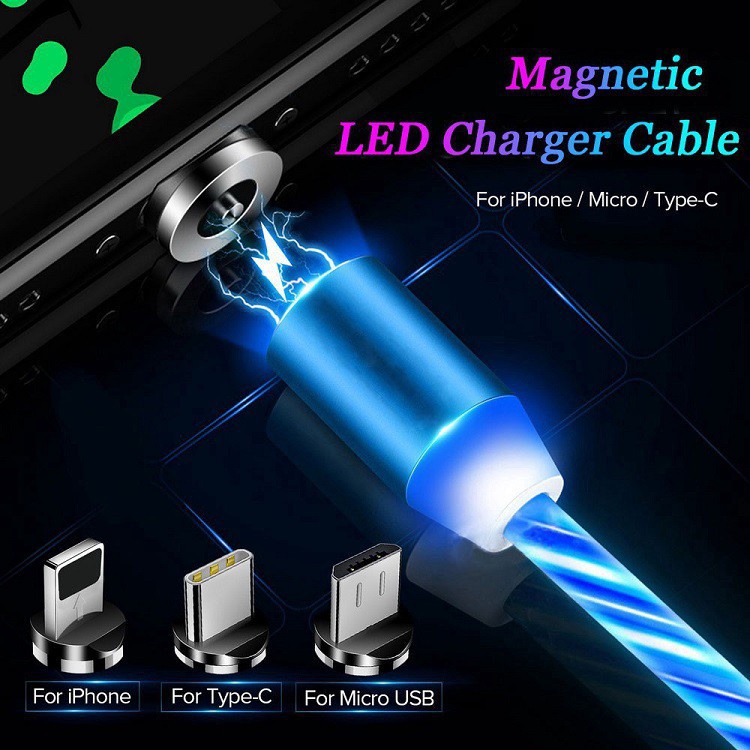 Dây Cáp Sạc LED 3 Đầu Nam Châm có dây cáp và đầu sạc kết nối từ tính mạnh mẽ, dễ dàng sạc điện thoại