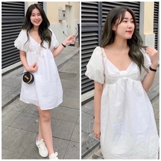 Đầm váy trắng babydoll nơ ngực (kèm hình thật)