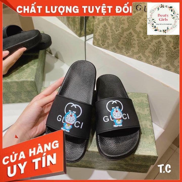 Dép thời trang nam nữ Gucci GG quai ngang da thật cao cấp in hình logo GC và Doraemon