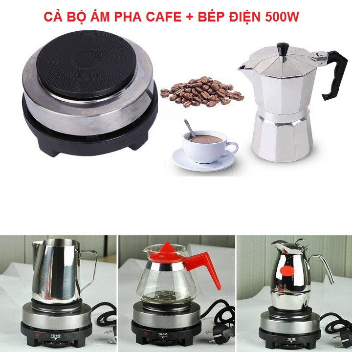 Combo Ấm Cafe Moka Pot Moka 300ml 6 Cup, Bộ Ấm Pha Cafe, Và Bếp Điện Mini 500W  - Đun Các Loại Ấm