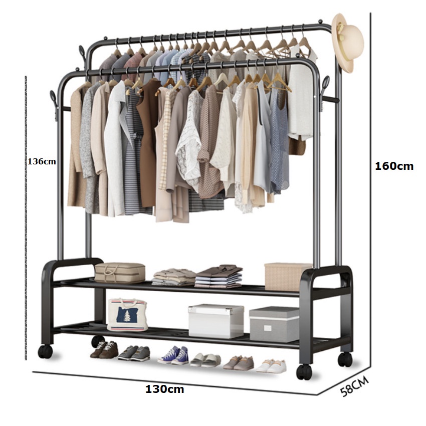 Giá Kệ Treo Quần Áo, Giàn Phơi Đồ 2 Thanh 2 Tầng Thông Minh 3 Trong 1 Phong Cách Hàn Quốc - TỔNG KHO PHÍA NAM
