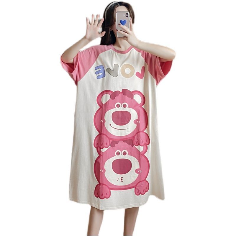Đầm Ngủ Ngắn Tay Dáng Rộng Họa Tiết Gấu Hoạt Hình Xinh Xắn 100kg