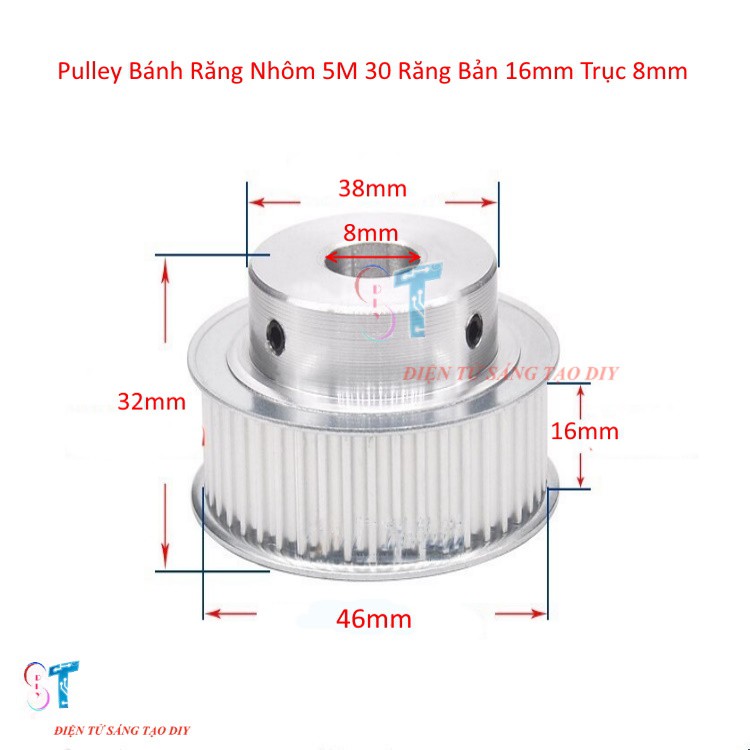 Pulley Bánh Răng Nhôm 5M 30 Răng Bản Rộng Đai 16mm Trục 8mm