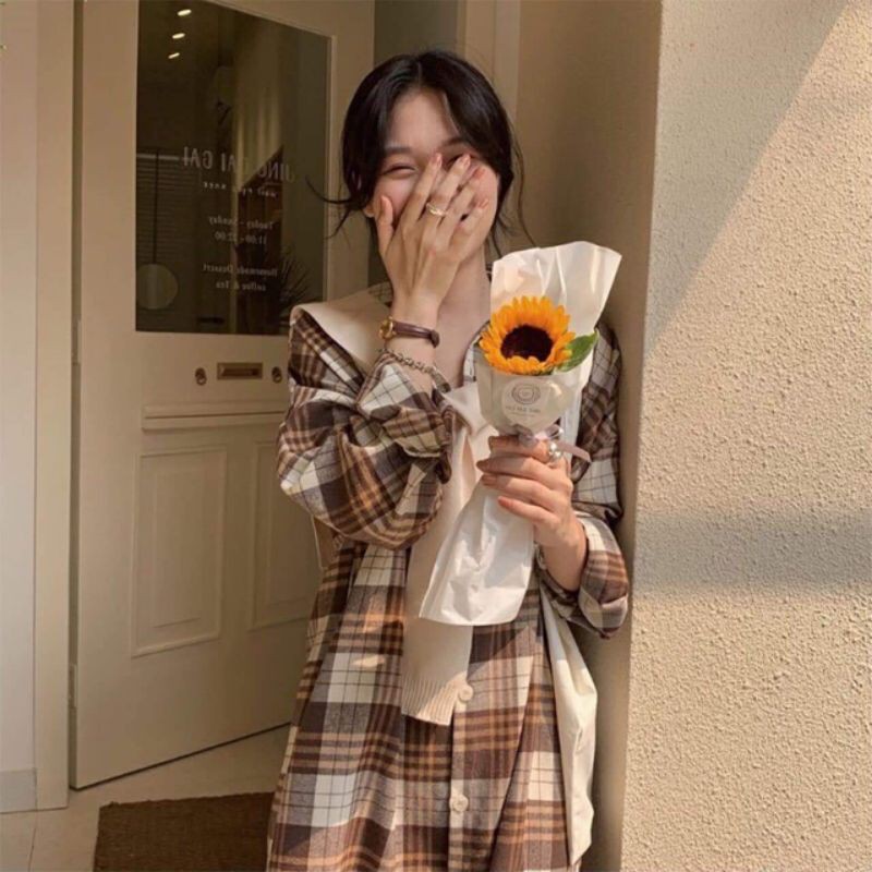 Váy kẻ sơ mi mix yếm len form dáng dài rộng dày dặn mặc thu đông BCiOMAI