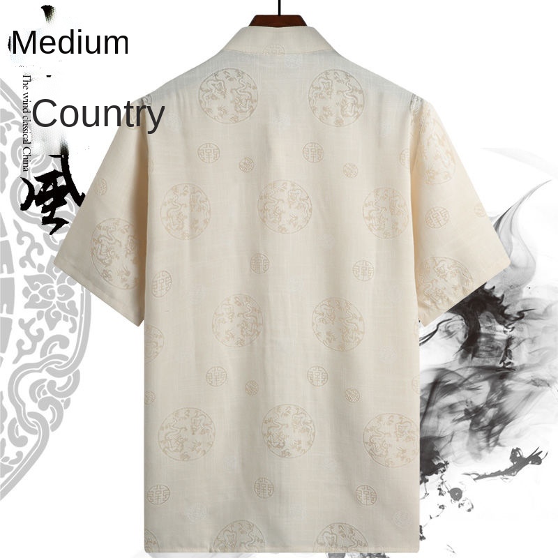 Áo sơ mi tay ngắn vải lanh cotton phong cách Trung Hoa thời trang mùa hè cho nam trung niên 50 tuổi 60 tuổi