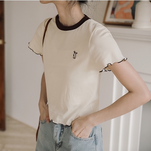 Áo thun nữ ZHELIHANGFEI tay ngắn vải lụa lạnh phối ren màu sắc tương phản phong cách Hàn Quốc thời trang mùa hè 2022