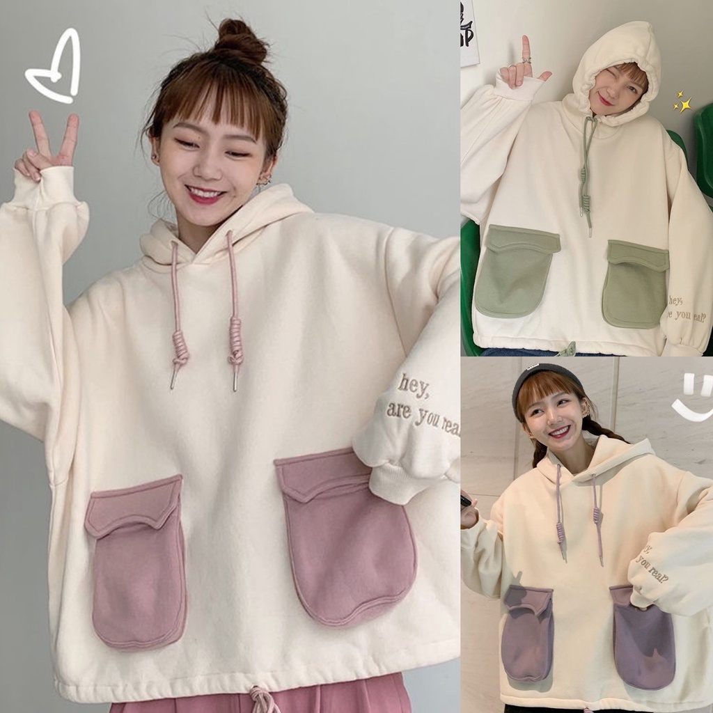 Áo hoodie tay dài dáng rộng phối lông màu sắc thời trang cho nữ