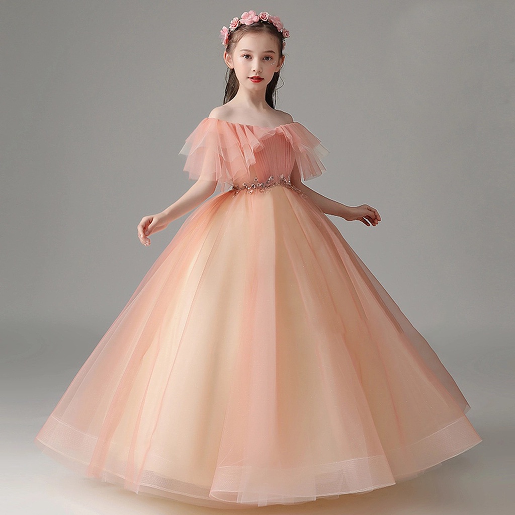 Váy công chúa bé gái thiết kế cao cấp cho bé đi dụ tiệc phù dâu tùng dài màu cam lolita DBG092
